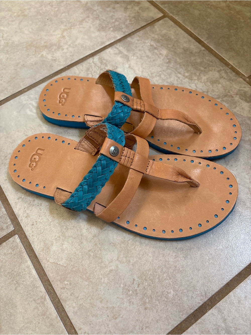 UGG Australia Blue Braided Leather Thong Sandals Size 7 Boho Beach Summer